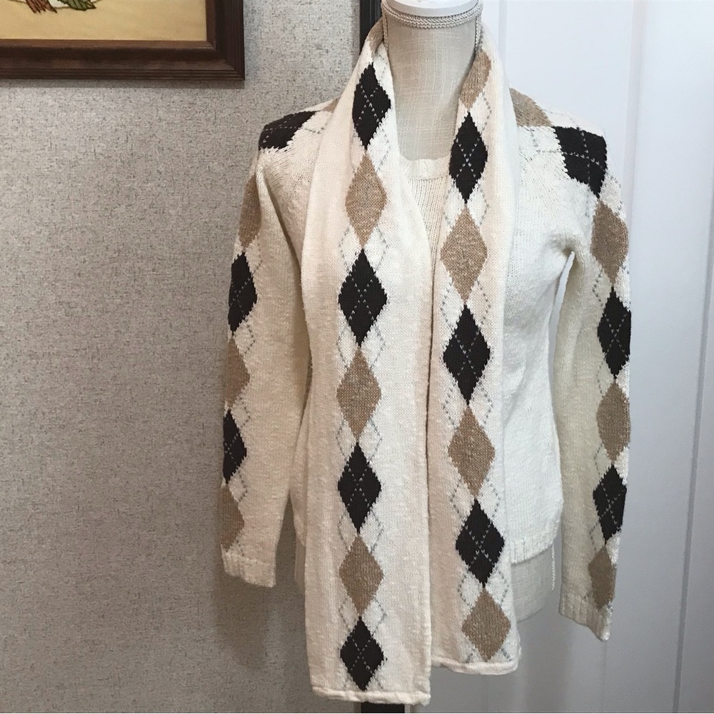 Charter Club Petite Cream Tan Black Argyle Sweater with Scarf Size P/P